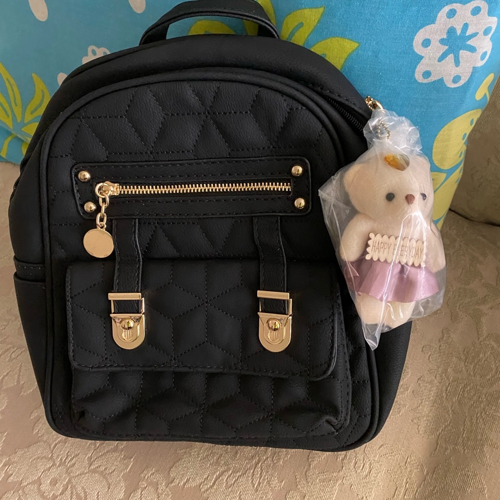 Women’s Leather Backpack Color Black With Cute Bear Charm Toys